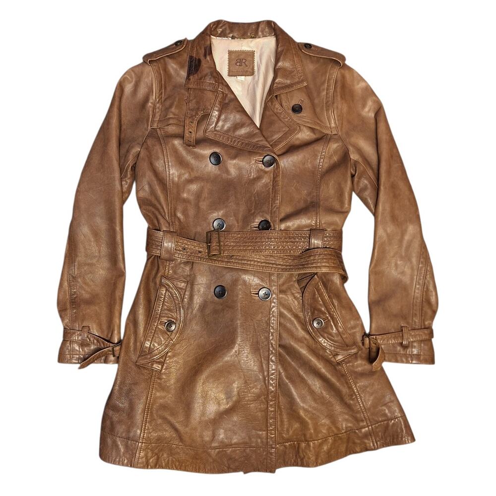 Banana Republic 100% genuine leather distressed brown trench coat w belt women's